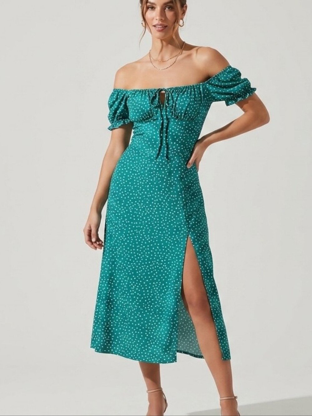 Emerald Green Polka Dot Off-the-Shoulder Midi Dress
